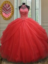 Free and Easy Red Halter Top Neckline Beading and Pick Ups Vestidos de Quinceanera Sleeveless Lace Up