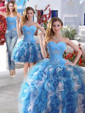  Three Piece Blue And White Organza Lace Up Sweet 16 Dresses Sleeveless Floor Length Beading