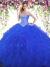  Sleeveless Tulle Floor Length Lace Up Sweet 16 Quinceanera Dress in Royal Blue with Beading