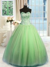  Sleeveless Floor Length Beading and Ruching Lace Up Quinceanera Dresses with Green