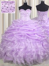 Designer Beading and Ruffles and Pick Ups Sweet 16 Dresses Lavender Lace Up Sleeveless With Brush Train