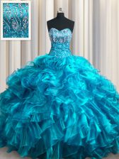 Elegant With Train Teal Ball Gown Prom Dress Sweetheart Sleeveless Brush Train Lace Up
