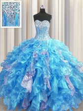  Visible Boning Organza and Sequined Sweetheart Sleeveless Lace Up Beading and Ruffles and Sequins Quinceanera Gowns in Baby Blue