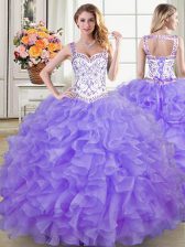 Smart Straps Organza Sleeveless Floor Length 15th Birthday Dress and Beading and Lace and Ruffles