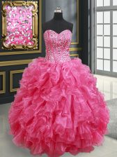 Luxurious Hot Pink Sweetheart Lace Up Beading and Ruffles Sweet 16 Dress Sleeveless