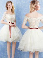  Off the Shoulder Champagne Short Sleeves Lace and Ruffles and Belt Mini Length Damas Dress