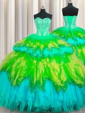 Best Bling-bling Visible Boning Multi-color Tulle Lace Up Sweetheart Sleeveless Floor Length Ball Gown Prom Dress Beading and Ruffles and Ruffled Layers and Sequins