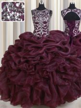 Most Popular See Through Burgundy Ball Gowns Organza Scoop Sleeveless Beading and Pick Ups Floor Length Lace Up Quinceanera Dress