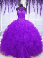  Purple High-neck Lace Up Beading and Ruffles Quince Ball Gowns Sleeveless