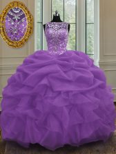  Purple Ball Gowns Scoop Sleeveless Organza Floor Length Lace Up Beading and Pick Ups Quinceanera Dresses