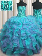 Pretty Visible Boning Beaded Bodice Strapless Sleeveless Quinceanera Dresses Floor Length Beading and Ruffles Multi-color Organza
