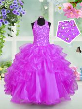  Halter Top Floor Length Lace Up Pageant Gowns For Girls Lilac for Party with Beading and Ruffled Layers