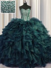 Fashionable Visible Boning Bling-bling With Train Ball Gowns Sleeveless Peacock Green Sweet 16 Dress Brush Train Lace Up