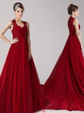 Eye-catching Straps Sleeveless Court Train Side Zipper Dress for Prom Wine Red Tulle
