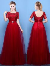  Empire Prom Party Dress Wine Red Scoop Tulle Short Sleeves Floor Length Lace Up