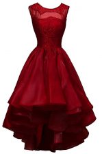 Custom Design Bateau Sleeveless Evening Dress High Low Beading Wine Red Organza
