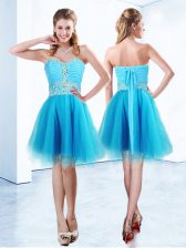  Blue A-line Beading and Ruching Lace Up Organza Sleeveless Knee Length