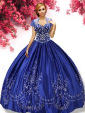  Sleeveless Taffeta Floor Length Lace Up Quinceanera Gown in Royal Blue with Embroidery