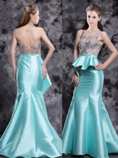 Amazing Mermaid Scoop Zipper Prom Dress Aqua Blue for Prom with Appliques Brush Train