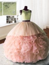 Dynamic Baby Pink Quince Ball Gowns Military Ball and Sweet 16 and Quinceanera with Beading and Lace and Ruffles Scoop Sleeveless Brush Train Zipper