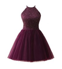  Scoop Sleeveless Homecoming Dress Knee Length Beading Dark Purple Chiffon