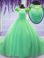 Stylish Scoop Short Sleeves Lace Up Sweet 16 Dresses Green for Military Ball and Sweet 16 and Quinceanera with Hand Made Flower Court Train