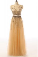 Inexpensive Gold Side Zipper Bateau Beading and Belt Prom Evening Gown Tulle Sleeveless