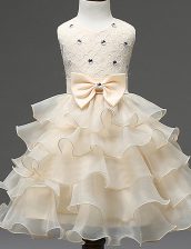 Super Scoop Mini Length Zipper Flower Girl Dresses Champagne for Party and Wedding Party with Beading and Ruffled Layers