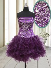  Sleeveless Mini Length Beading and Ruffles Lace Up with Dark Purple