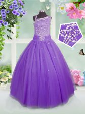 Graceful Asymmetric Sleeveless Side Zipper Little Girls Pageant Dress Wholesale Lavender Tulle