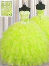 Fashion Handcrafted Flower Sweetheart Sleeveless Quince Ball Gowns Floor Length Beading and Ruffles and Hand Made Flower Yellow Green Organza
