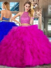 Great Halter Top Two Pieces Sleeveless Fuchsia Quinceanera Dresses Brush Train Backless