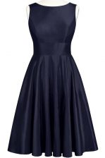  Scoop Sleeveless Taffeta Knee Length Backless Prom Evening Gown in Navy Blue with Bowknot