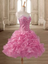 Trendy Pink Organza Lace Up Sweetheart Sleeveless Mini Length Prom Dresses Beading and Ruffles