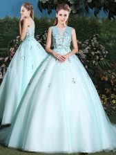 Scoop Tulle Sleeveless Quinceanera Dresses Brush Train and Beading and Appliques