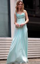  Light Blue Zipper Dress for Prom Beading Sleeveless Floor Length