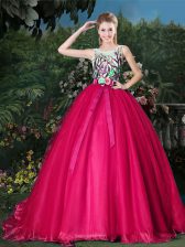  Scoop Sleeveless Appliques and Belt Zipper Sweet 16 Quinceanera Dress with Hot Pink Brush Train