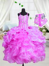  Floor Length Purple Little Girl Pageant Dress Organza Sleeveless Beading and Ruffles