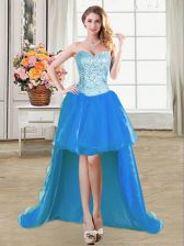 Dramatic Blue Sleeveless Floor Length Beading Lace Up Homecoming Dress