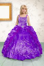 Exquisite Purple Lace Up Spaghetti Straps Beading and Appliques and Pick Ups Little Girls Pageant Gowns Satin Sleeveless