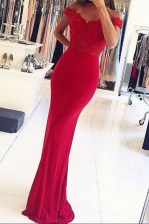 Romantic Mermaid Off the Shoulder Sleeveless Elastic Woven Satin Floor Length Zipper Prom Dress in Red with Beading and Appliques