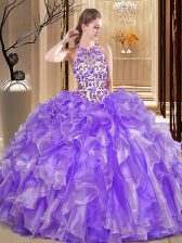 Fashion Lavender Sweet 16 Dress Military Ball and Sweet 16 and Quinceanera with Embroidery and Ruffles Scoop Sleeveless Backless