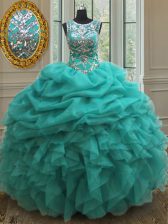 Edgy See Through Turquoise Ball Gowns Scoop Sleeveless Organza Floor Length Lace Up Beading and Ruffles and Pick Ups Quince Ball Gowns