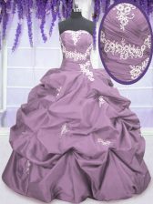  Lilac Ball Gowns Strapless Sleeveless Taffeta Floor Length Lace Up Appliques and Ruching and Pick Ups Quinceanera Gowns
