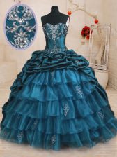 Smart Teal Sweet 16 Dresses Military Ball and Sweet 16 and Quinceanera with Beading and Appliques and Ruffled Layers and Pick Ups Sweetheart Sleeveless Sweep Train Lace Up