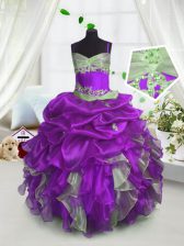  Lavender Organza Lace Up Spaghetti Straps Sleeveless Floor Length Little Girls Pageant Dress Wholesale Beading and Ruffles and Pick Ups