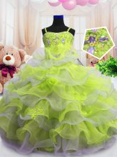  Sleeveless Zipper Floor Length Beading and Ruffled Layers Little Girl Pageant Gowns