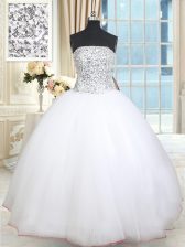 New Style Sleeveless Tulle Floor Length Lace Up 15 Quinceanera Dress in White with Beading and Sequins