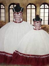 Fine Straps White Satin and Organza Lace Up 15th Birthday Dress Sleeveless Floor Length Beading