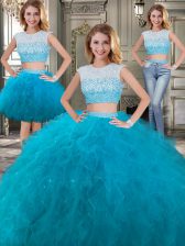  Three Piece Teal Scoop Neckline Beading and Ruffles Ball Gown Prom Dress Cap Sleeves Backless
